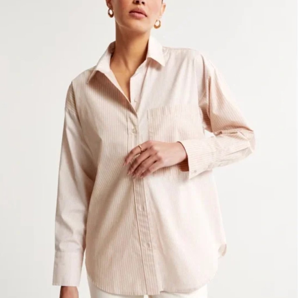 Abercrombie & Fitch Oversized Poplin Colorblock Button Up Shirt Size Xs In Tan